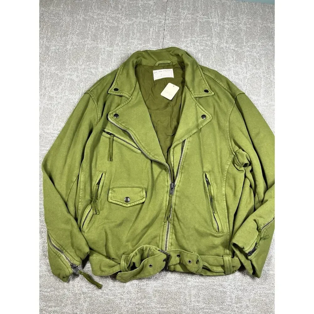 Free People We The Free Rebel Knit Oversized Moto Jacket Olive Green Size Medium